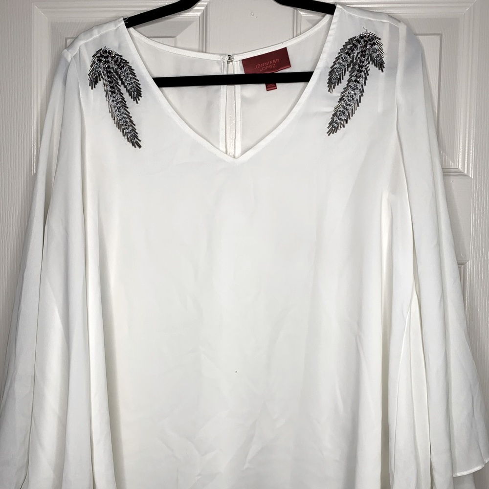 Jennifer Lopez White Embellished Flowy Blouse